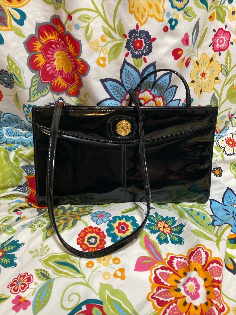 Vintage Bueno Black Patent Shoulder Clutch with Gold Medallion